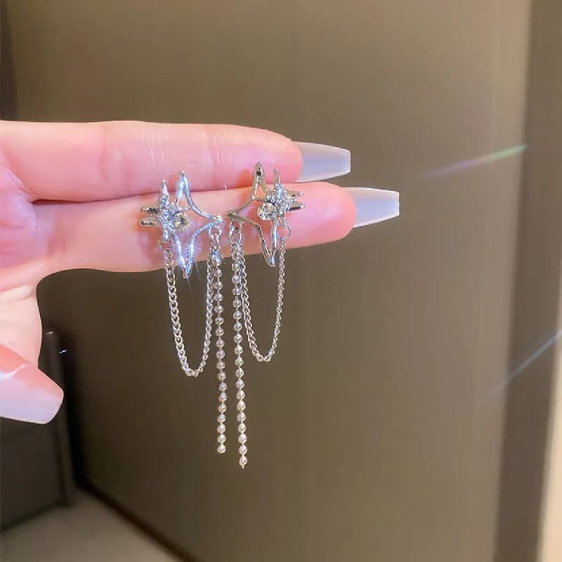 Orecchini a catena con stella di cristallo coreani da donna, orecchini a nappa con strass a croce e stella, orecchini a perno geometrici, gioielli