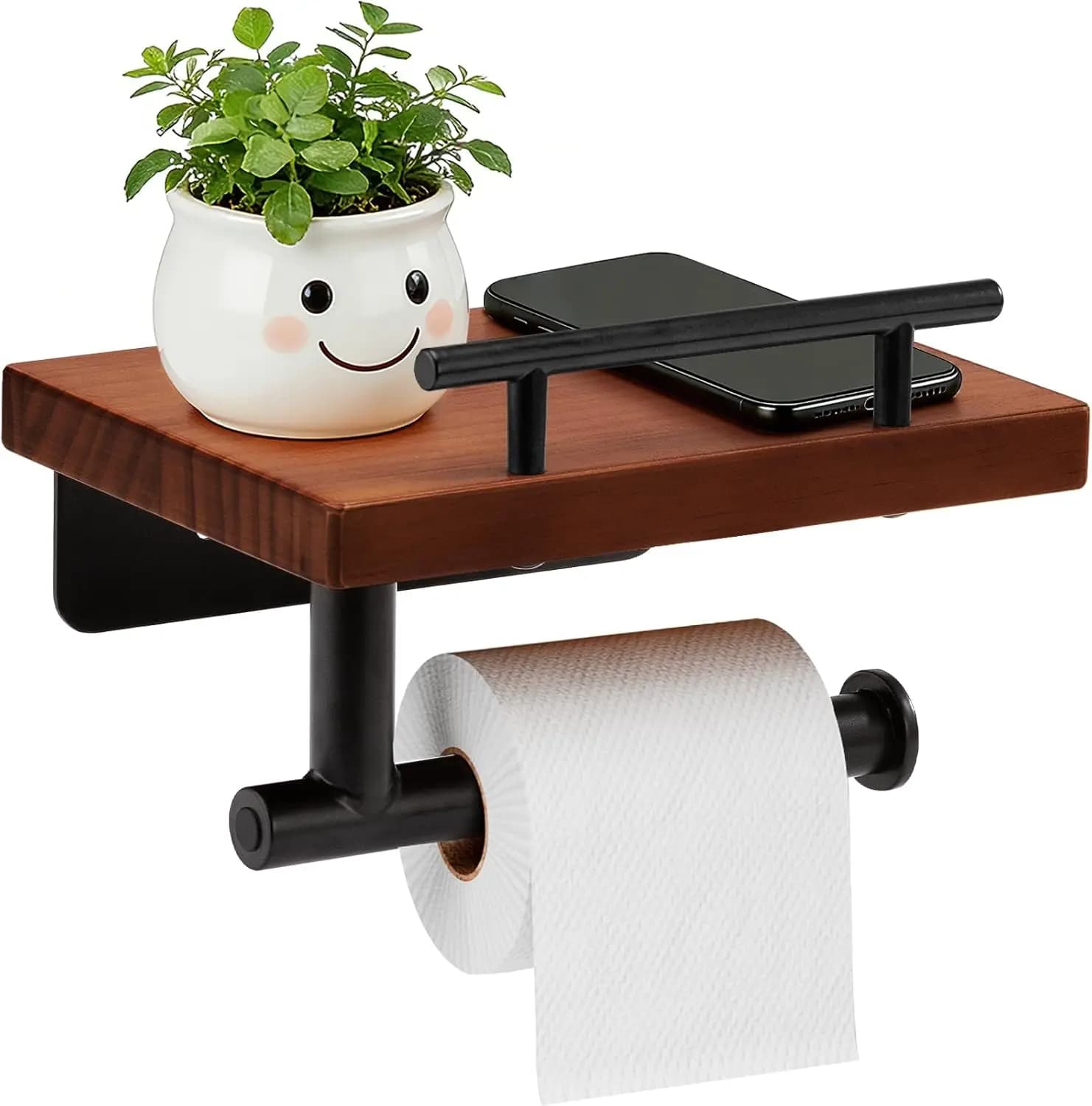 Portarotolo da parete con mensola in legno, tubo in acciaio inossidabile nero opaco per bagno (marrone scuro)