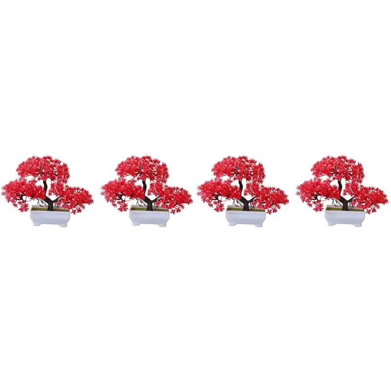 ABLJ 4Pcs Artificial Plant Bonsai Plastic Small Tree Pot Fake Plant Flower Potted Ornaments For Home Room Table,Red