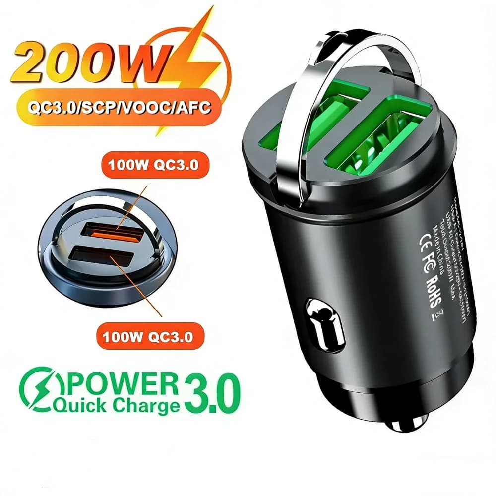 200W Mini Dual Ports USB Caricabatteria da auto Accendino Adattatore per caricabatteria da auto a ricarica rapida per iPhone 13 12 Xiaomi Huawei Samsung