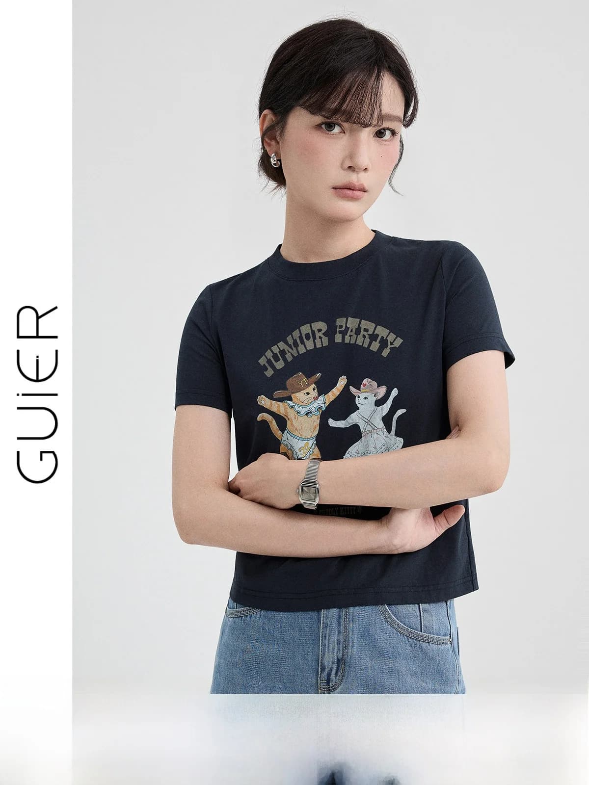 T-shirt slim fit a maniche corte da donna, stile casual estivo, stampa, lunghezza normale, girocollo, design versatile con spalle corte