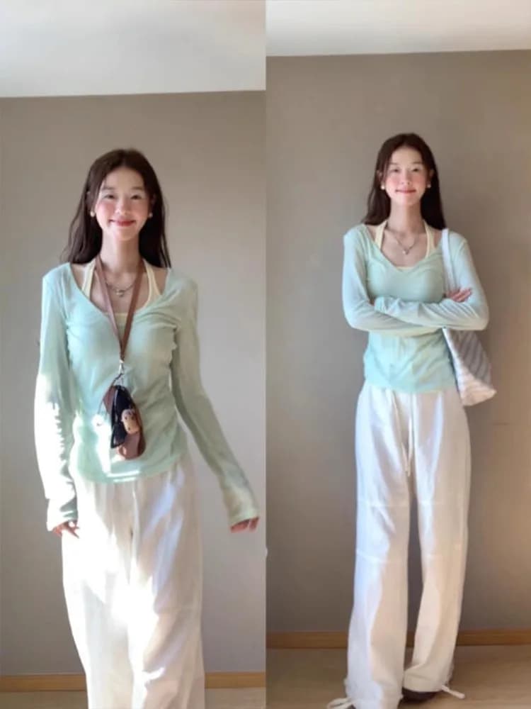 Korean Sweet V-Neck Long Sleeve T-Shirt Women's 2025 Ultra-Hot Two-Piece Set Summer Dopaamine Sunshade Shirt Thin Upper Body