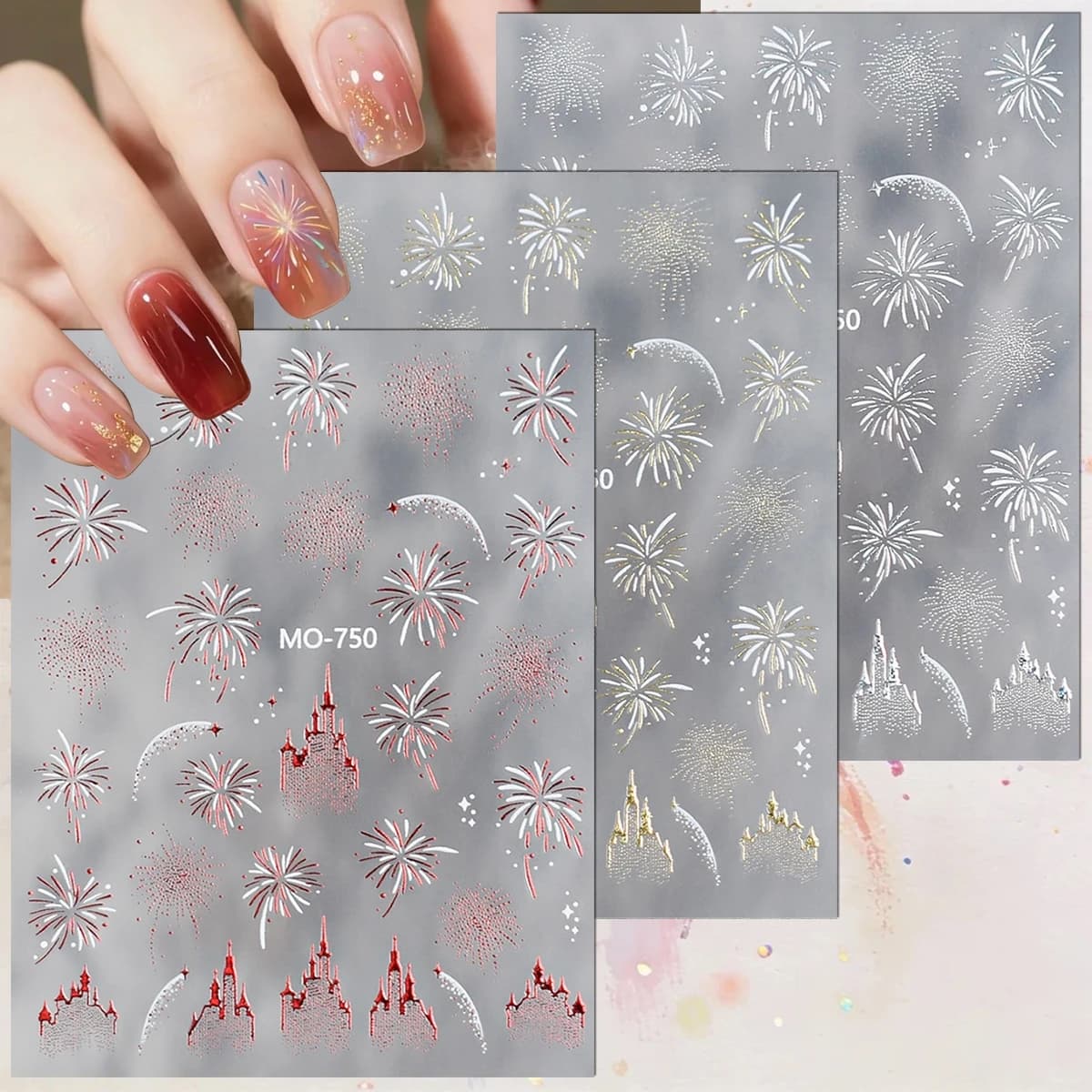 3/6/12 fogli 5D fuochi d'artificio castello adesivi per nail art, oro metallizzato argento rosso festival fuochi d'artificio decalcomanie per unghie per manicure fai da te
