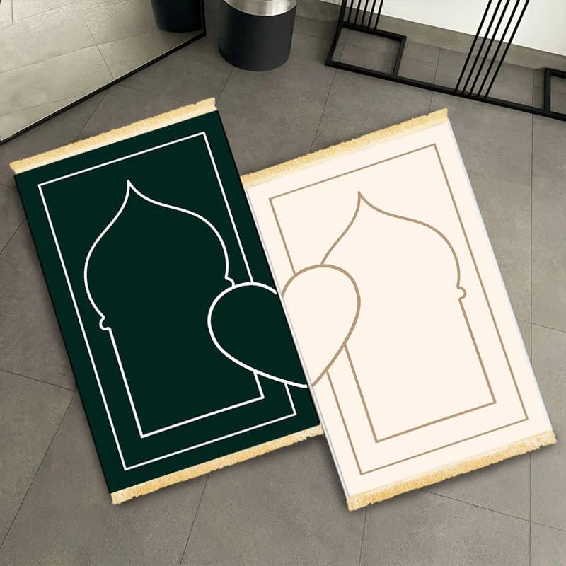 VIKAMA Set of 2 White Prayer Carpets with Love Arch, Islamic Portatile Carpet with Decorative Nappine