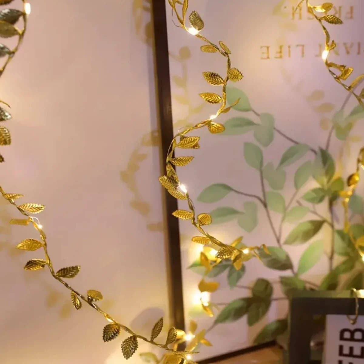 Ghirlanda a LED con foglie dorate, ghirlanda a batteria, per soggiorno, camera da letto, festa, matrimonio, capodanno, decorazione per festa di compleanno