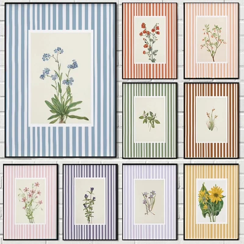 Blue Lily of The Valley Plant Striped Canvas Print Sunflower Pomegranate Garden Wall Art Poster Modern Living Room Home Decor