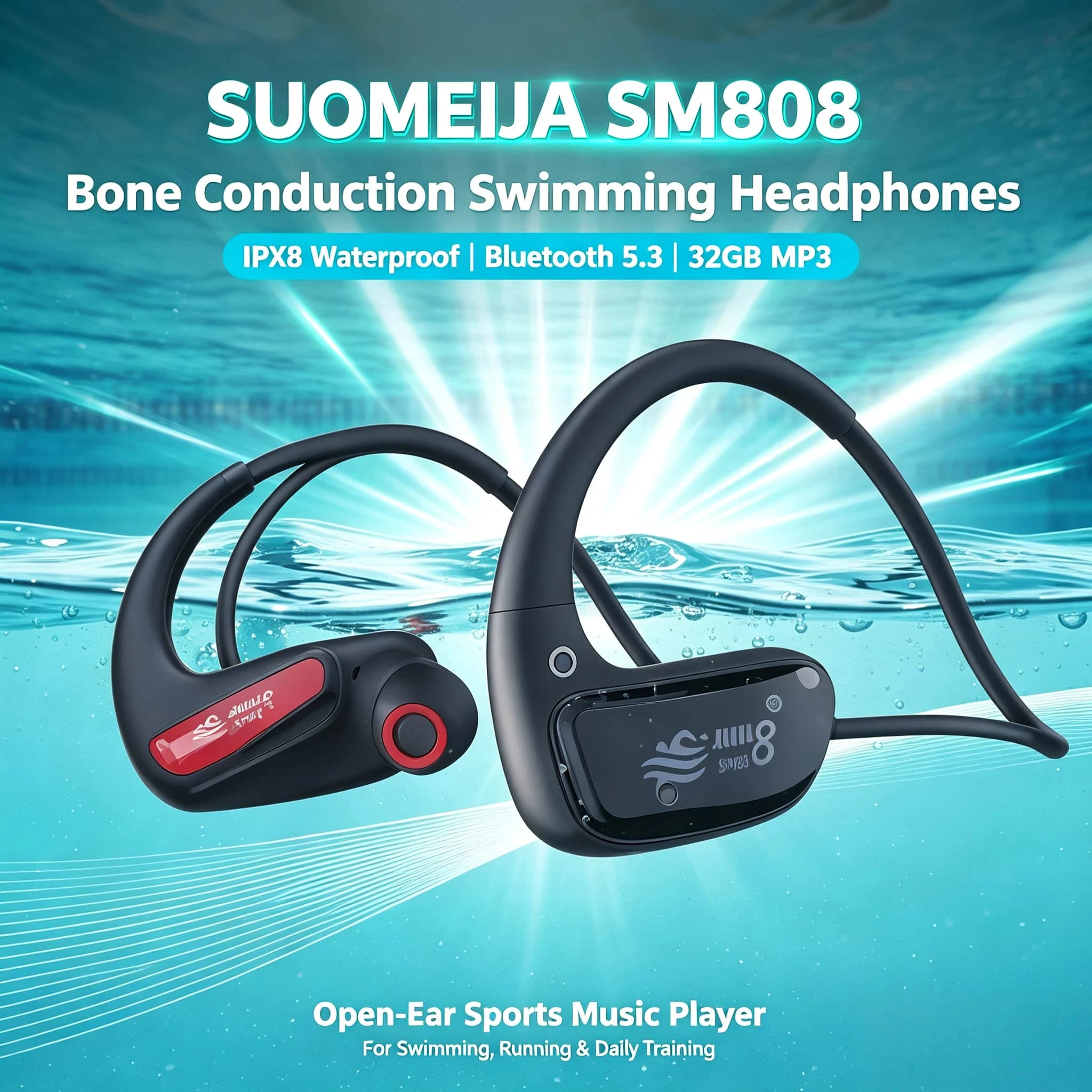 Cuffie a conduzione ossea impermeabili IPX8 Lettore MP3 da 32 GB Cuffie wireless Bluetooth 5.4 Vendita flash per immersioni in nuoto