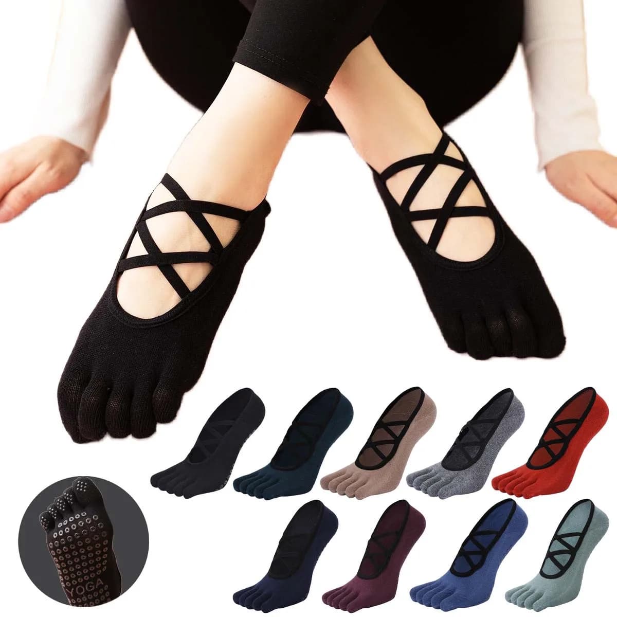 Calzini da yoga senza schienale da donna, fasciatura traspirante, calzini sportivi da ballo per pavimenti interni, calzini antiscivolo in silicone a cinque dita, per balletto, pilates