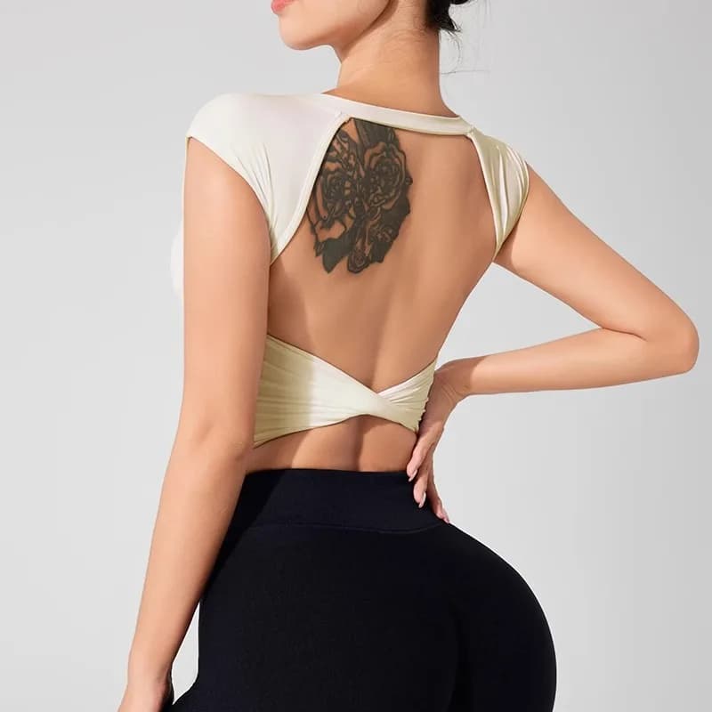 Women's fitness clothing without backrest with fixed padding on the chest Beautiful short sleeve top T-shirt dance sportswear Yoga clothing