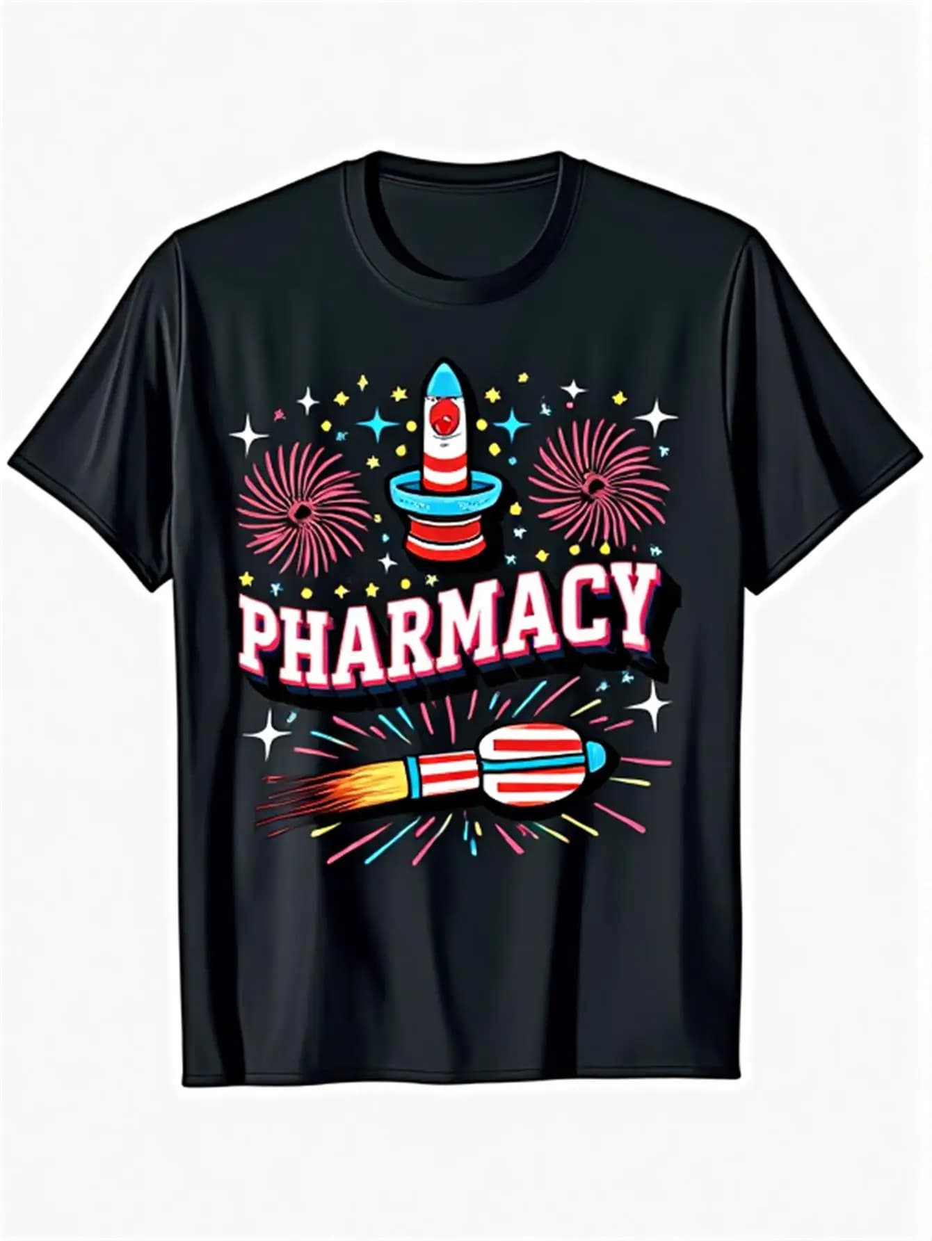 Trendy Men's Black Graphic T-Shirt Pharmacy Rocket Firework Star Bold Letter Print Festival Graphic 100% Cotton Heavyweight Short Sleeve Casual Streetwear Tee