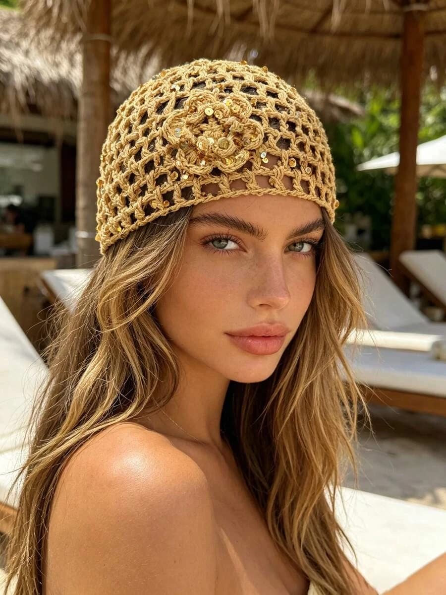 1 Pezzo Cappello a Secchiello in Maglia Traforata con Paillettes Stile Bohemien, Cappello da Pescatore Intrecciato Stile Vacanza, Accessorio Decorativo per Capelli da Spiaggia e Mare
