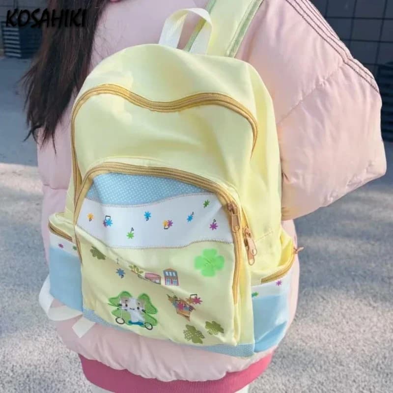 Zaino Giapponese Y2k Estetico Kawaii Dolce con Contrasto di Colori e Stampa Cartoon Carina, Zaini Casual alla Moda per Studenti