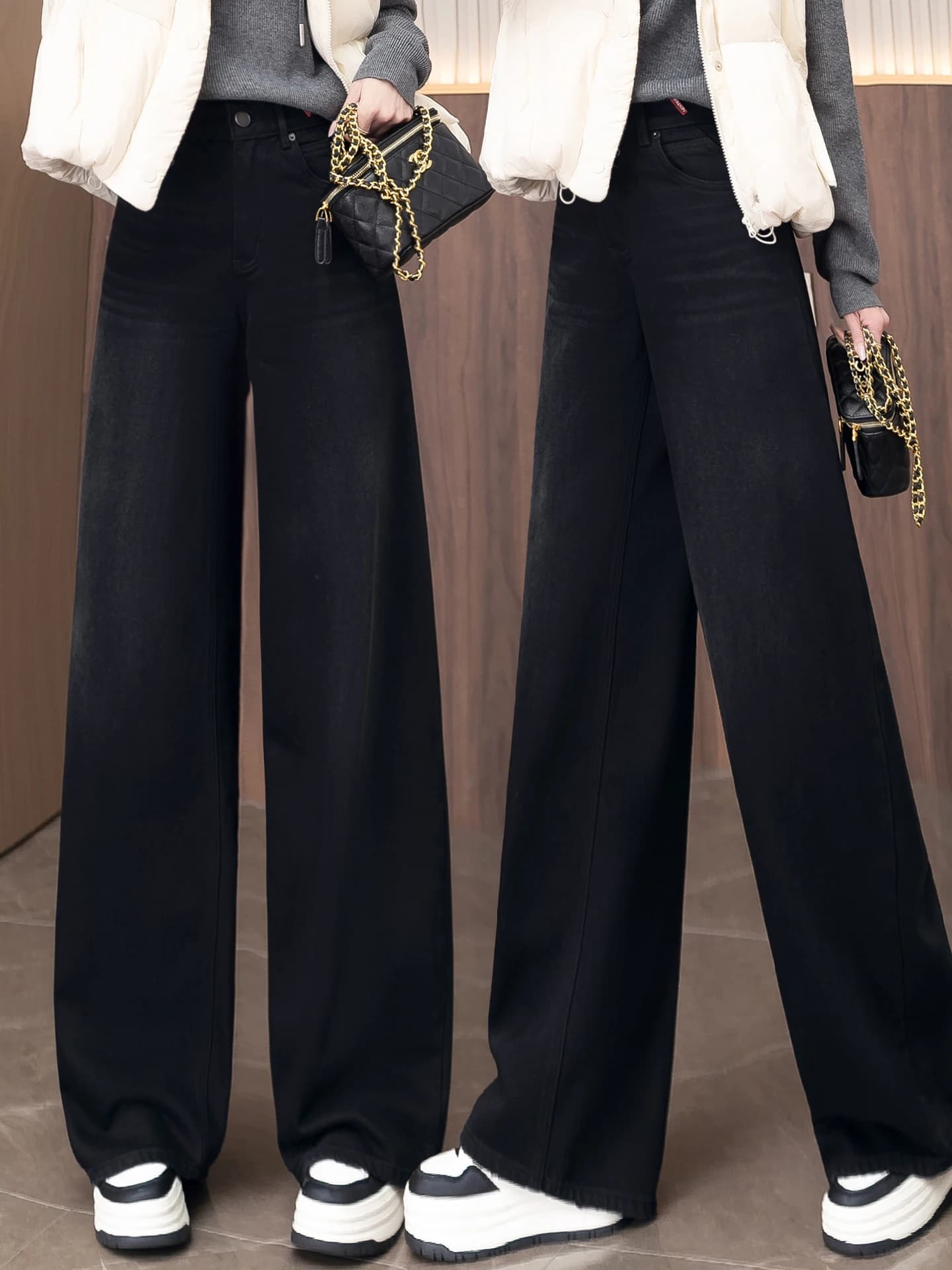 Jeans a Vita Alta e Gamba Larga per Donna, Stile Casual, Foderati in Pile, Moda Autunno-Inverno