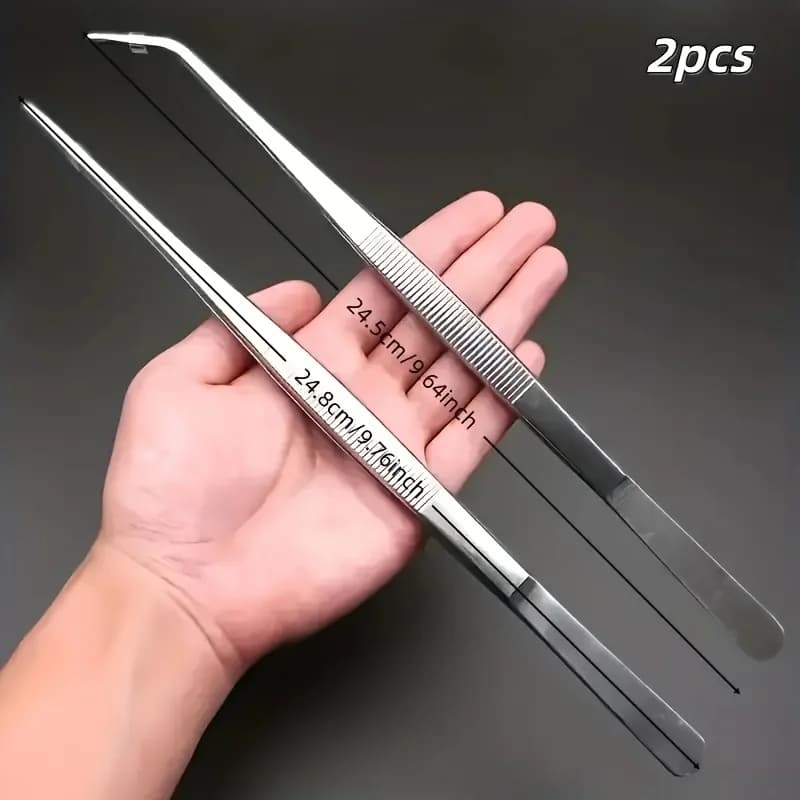 2-Piece Professional Stainless Steel Kitchen Tweezers - Electroplated, for Seafood, BBQ, and Precision Cooking
