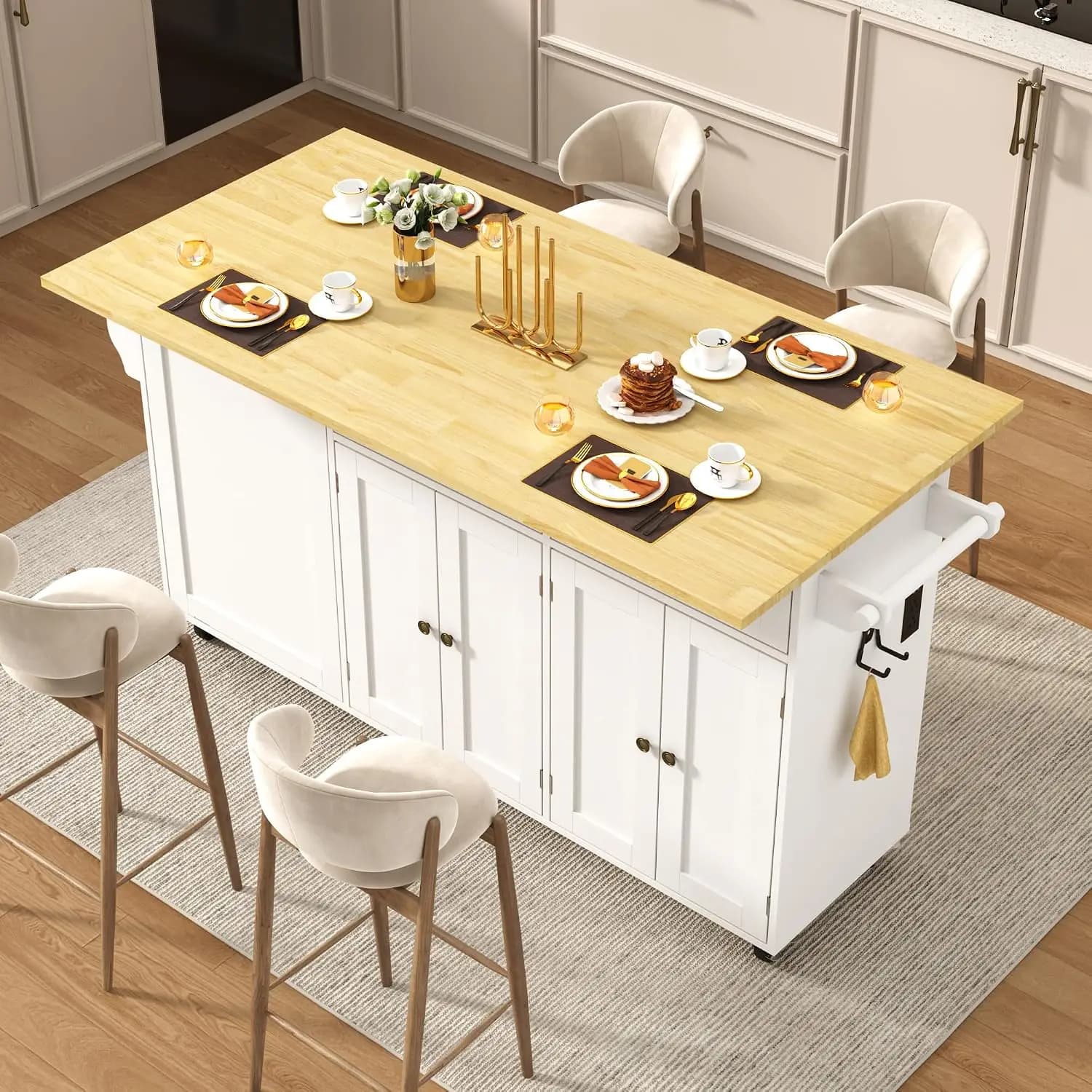 67" Rolling Kitchen Island w/ Drop Leaf, Power Outlet, 2 Drawers, Trash Cabinet, Spice Rack, Towel Bar & Wheels, Customized
