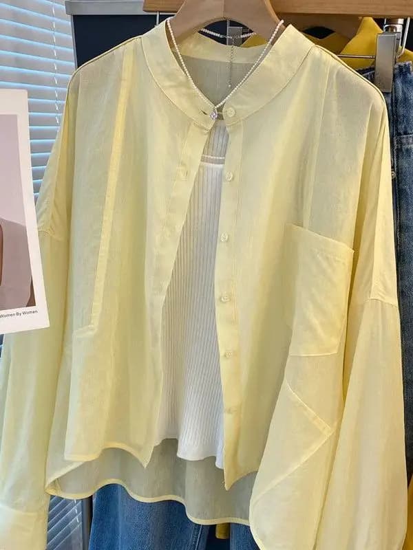 plus Size Women's Yellow Sunscreen Shirt Casual Loose Thin Outerwear Summer Comfortable Breathable Long Sleeve Button up Shirt