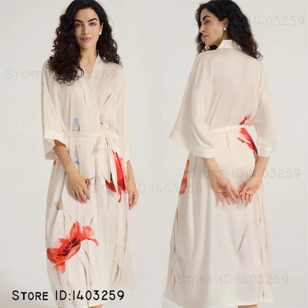 Elegante sposa matrimonio abito lungo abito camicia da notte stampa fiore seta ghiaccio indumenti da notte kimono accappatoio abito ampio homewear pigiama