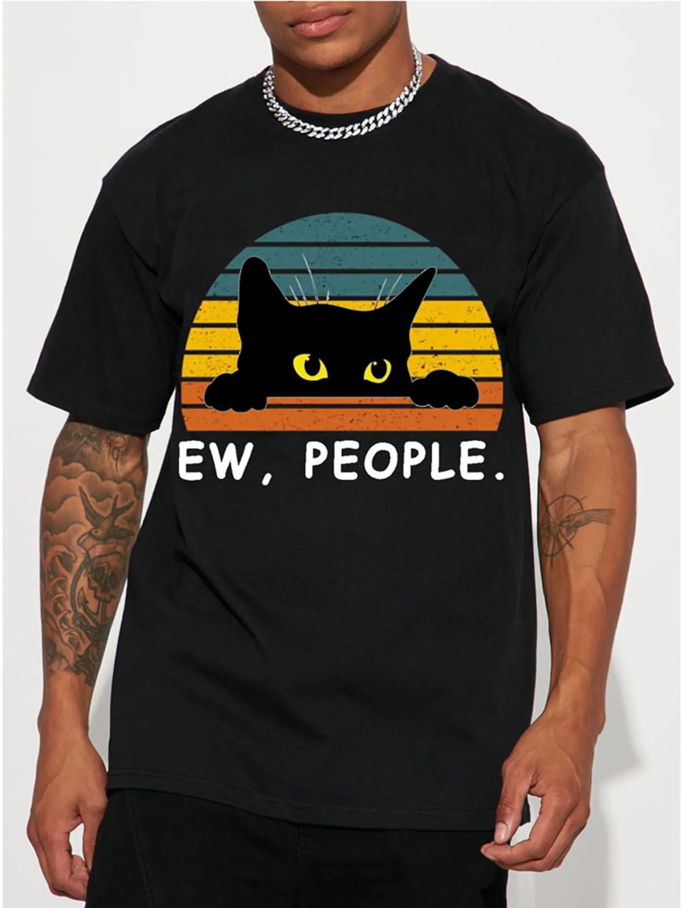 T-shirt da uomo casual alla moda con stampa gatto nero, t-shirt stile hip-hop girocollo a maniche corte per regalo di festa estiva