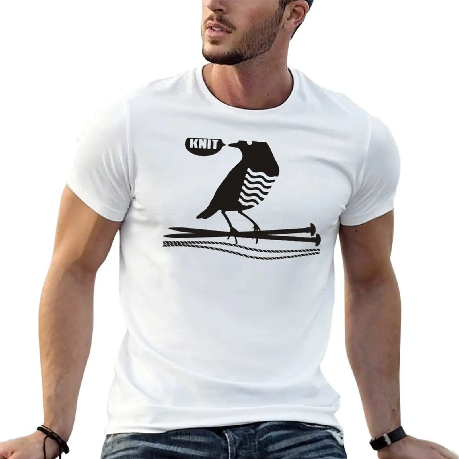 T-shirt da uomo in cotone pesante con stampa grafica 'Talking Bird Knitting Needles Yarn'