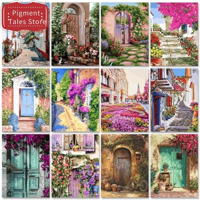 1pc frameless DIY Oil Picture By Numbers HandPainted Blue Door With Flower Acrylic Paint Color On Canvas Home Wall Painting