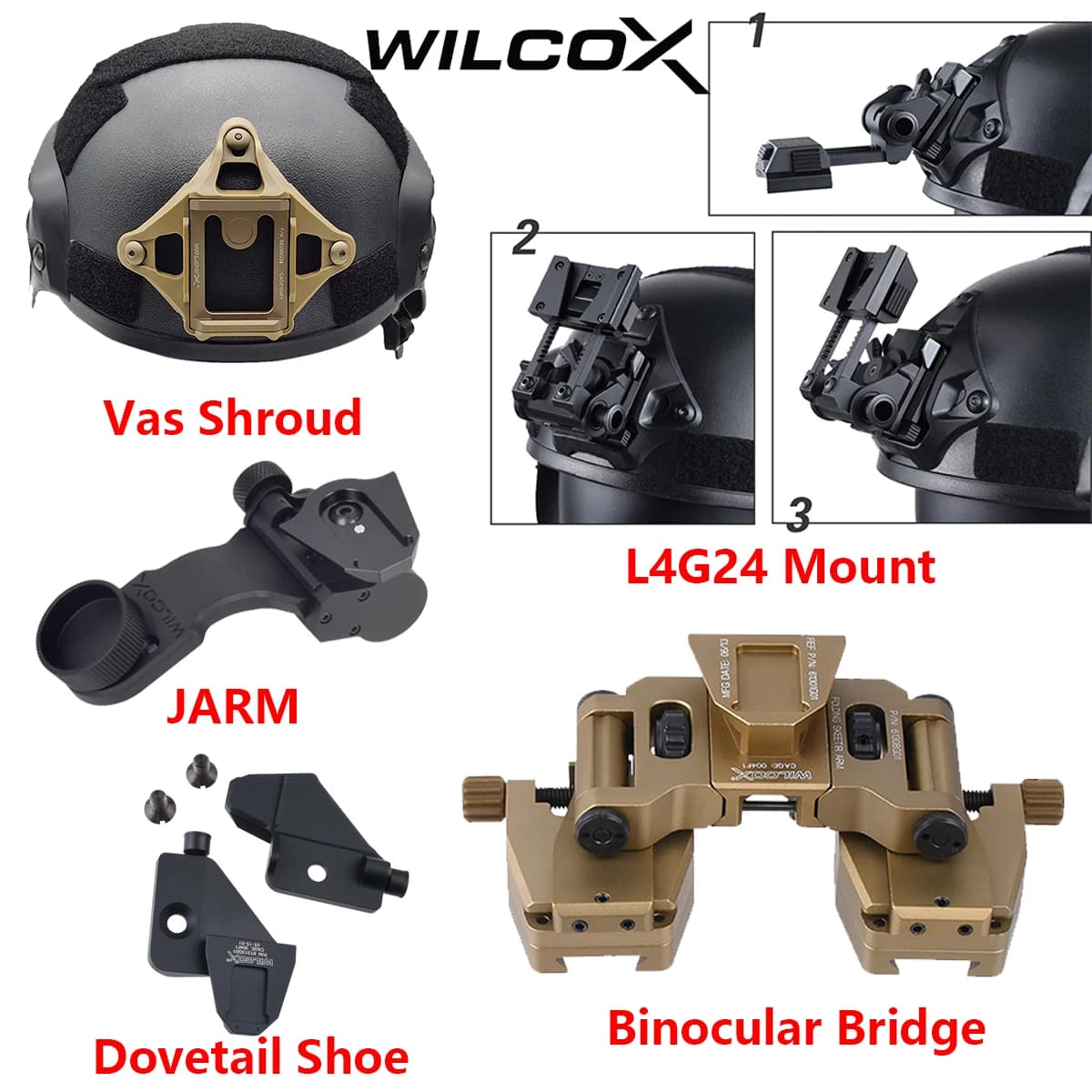 Wilcox Metallo L4 G24 L4G24 NVG Mount JARM Casco tattico Vas Sindone Adattatore Ponte binoculare Scarpe a coda di rondine Caccia NVG Mount