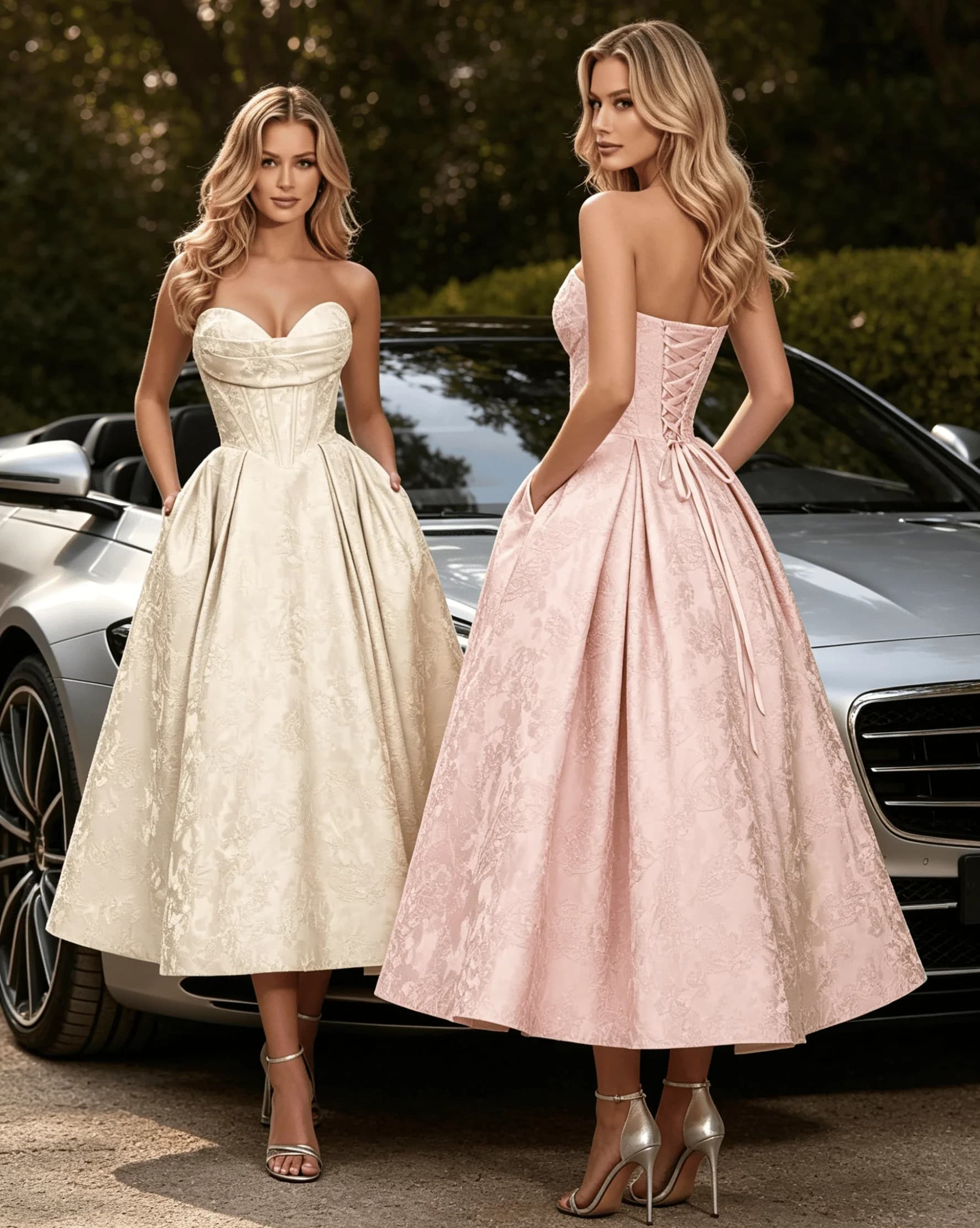 Strapless Floral Jacquard Satin Prom Dress 2026 - A-Line Formal Evening Party Gown with Corset Back & Pockets for Women