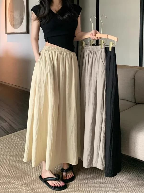 Extra Large Size Ice Silk High Waist Draped Pleated Midi Skirt Summer Hip Conceal Slim A-Line Long Skirt for plus Size Women