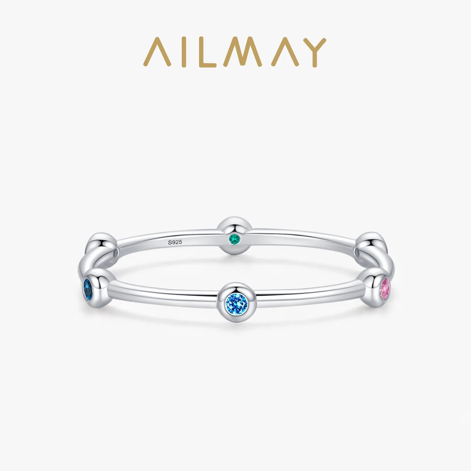 Ailmay Solid 925 Sterling Silver Platinum Plated Bands Dazzling Rainbow CZ Stackable Thin Rings For Women Wedding Jewelry Gift