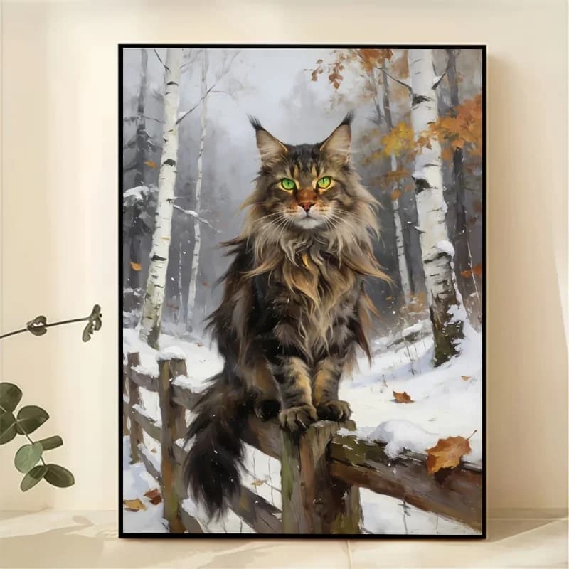 [Professional Art Use] 2D Flat, 1 Set Adult Digital Oil Painting Kit, "Cat in Birch Forest" with Acrylic Paints, Canvas, 3pcs Br