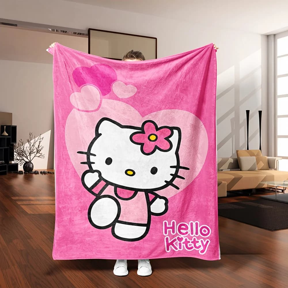 Coperta in Flanella Hello Kitty con Cuori Rosa, Stampa 2D, Calda e Confortevole per Casa, Camera da Letto, Soggiorno, Dormitorio, Stanza dei Bambini, Sanrio