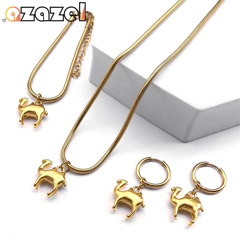 Animal Camel Pendant Jewelry Set for Men Women Stainless Steel Gold Color Snake Chain Necklace Bracelet Earring Accessories Gift