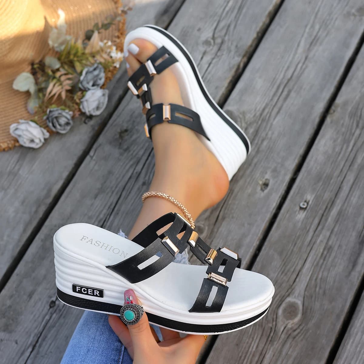 Women Sandals Large Size Roman Style Sandals Open Toe Beach Slippers Summer Wedges Comfortable Outdoor Slip-On Shoes for Women