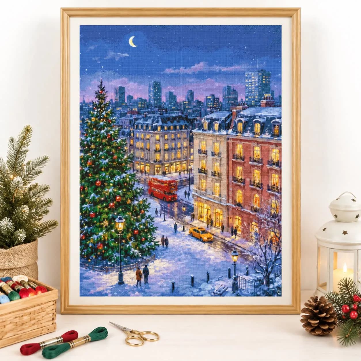 [ZZ9258-Christmas Square Night View]DIY Stamped Cross Stitch Kit for Adults 11CT 14CT 16CT Printed Canvas Embroidery Craft