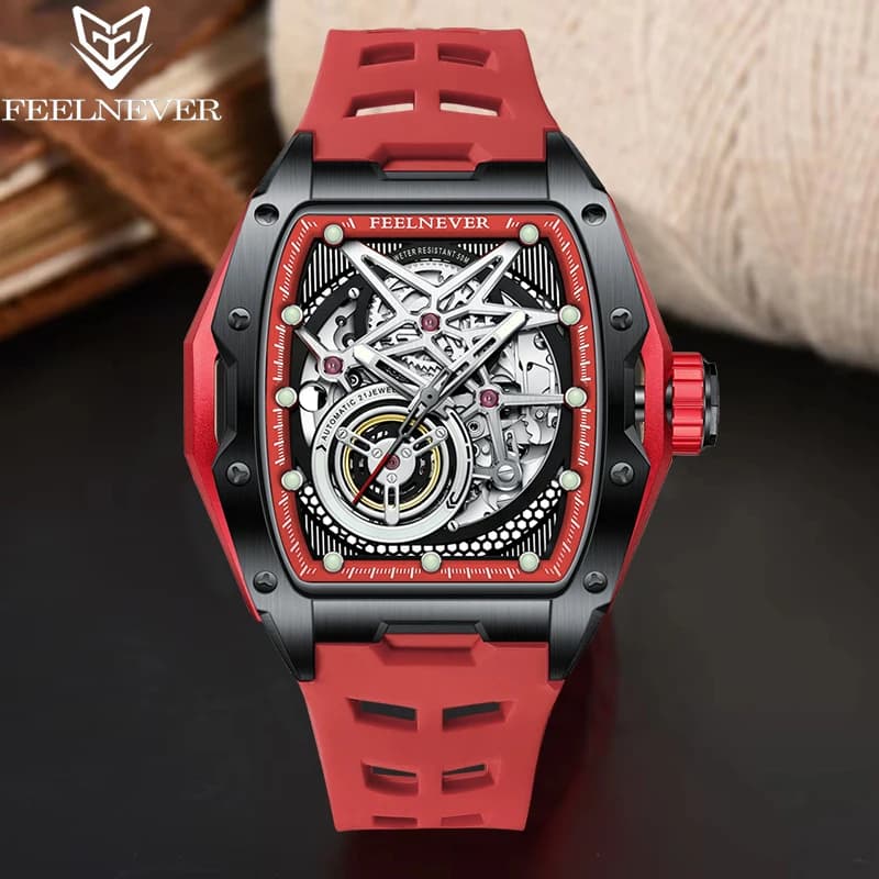 Orologio da uomo originale FeelNever Skeleton 316L in acciaio inossidabile impermeabile con cristallo di zaffiro automatico, orologi meccanici, regalo per uomo