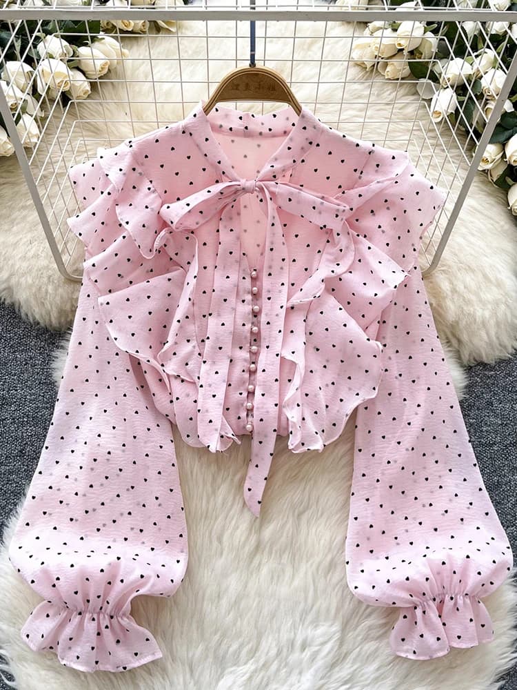 Lightweight Women's Chiffon blouse with Pink Heart Print, Arriced Bow collar, Long sleeves with curled cuffs, Top Breathable Summer
