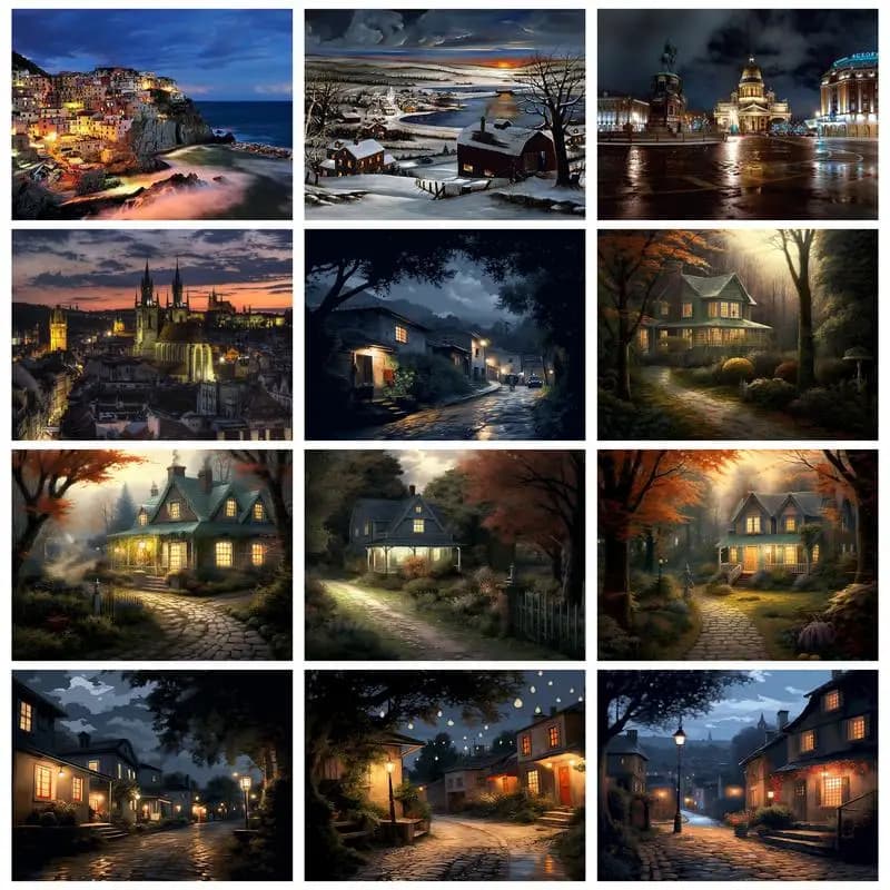 RUOPOTY DIY Frame Painting With Numbers Kit House Night Landscape Paint On Canvas Image With Numbers For Home Decors