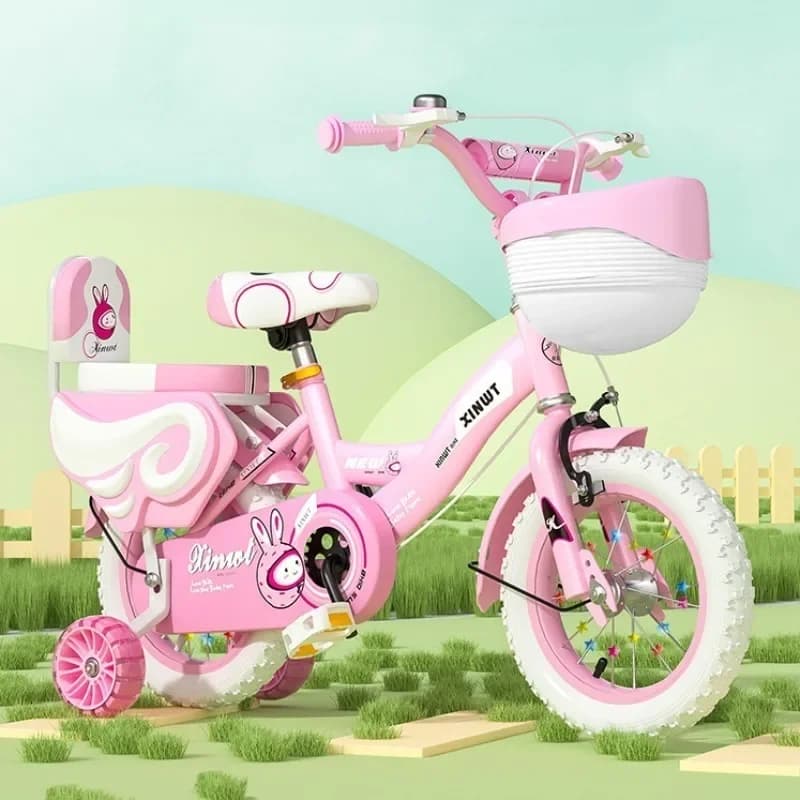 Bicicletta pieghevole per bambini Bicicletta per ragazze principessa simpatico cartone animato con ruote da allenamento Sedile e cestino per bambole Bici da ciclismo per bambini (Rosa)