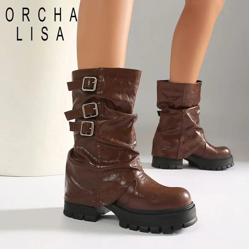 ORCHA LISA Womens Footwear Mid Calf Boot Curved Toe 6cm Sturdy Lift 3cm Thick Sole Side Zip Belt Big Range 43 Hand Crafted