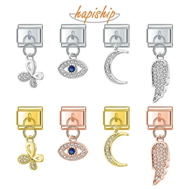 Hapiship Fashion Moon Eye Farfalla Angolo Ala Lucido CZ Charm Link Misura 9mm Bracciale in acciaio inossidabile Fai da te Creazione di gioielli DJ418
