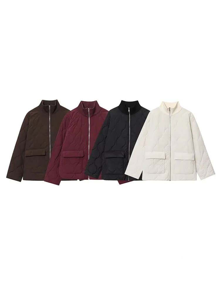 HH Women Chic Zipper Pocket Decoration Casual Winter Warm Jacket Female Stand Collar Long Sleeve Seamed Cotton Short Coat