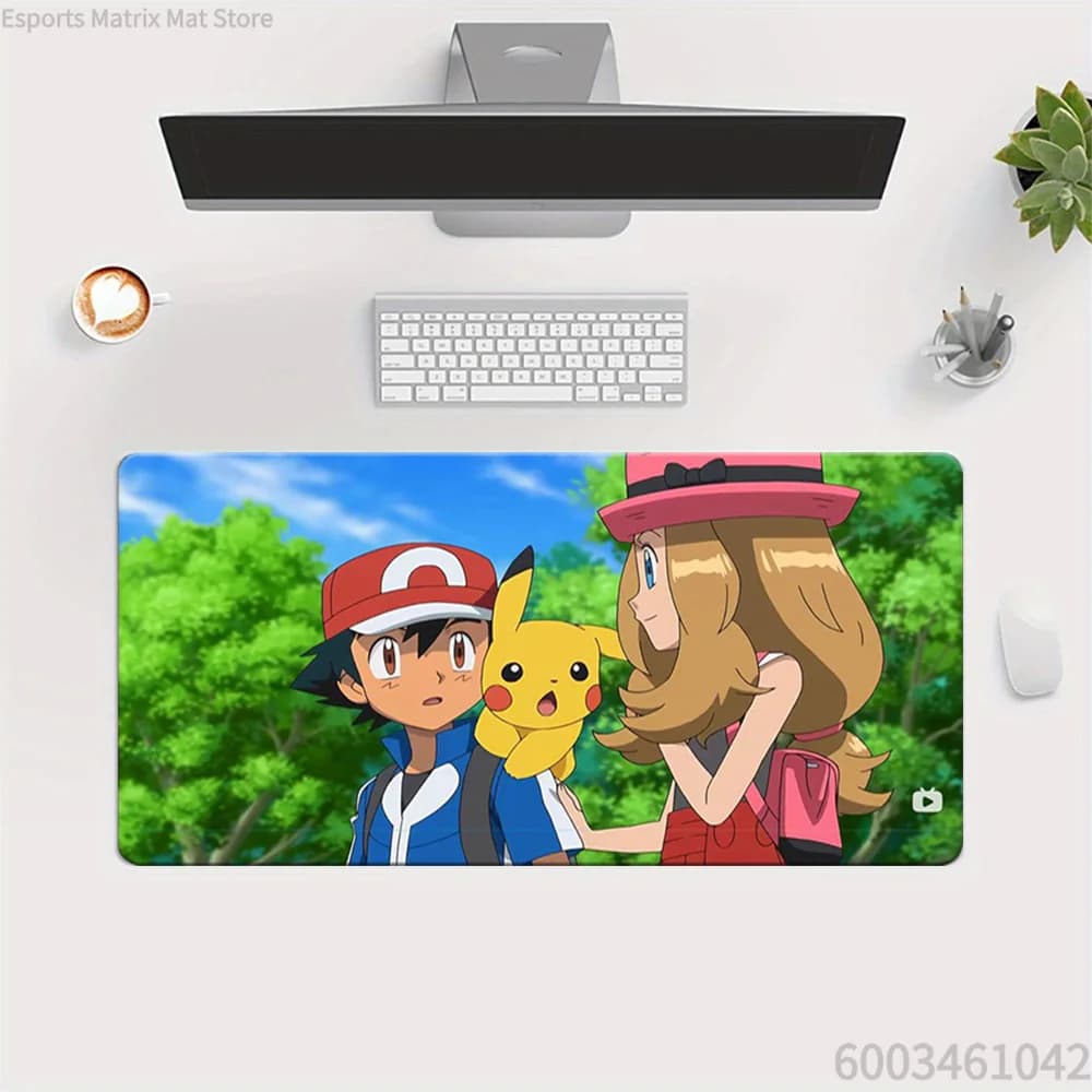 Tappetino per mouse da gioco esteso Pokemon Ash Serena e Pikachu Serie XY Anime, grande tappetino da scrivania per PC e laptop