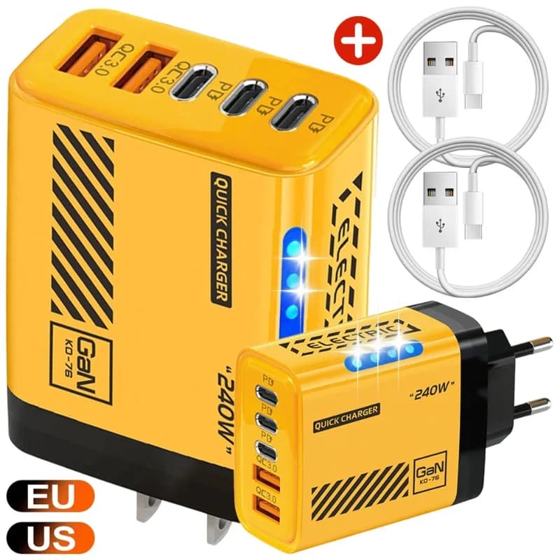 240W QC3.0 PD 5 Ports GaN Fast Charger US/EU Plug Phone Charging Head Adapter with LED Light for iPhone Samsung Huawei Xiaomi