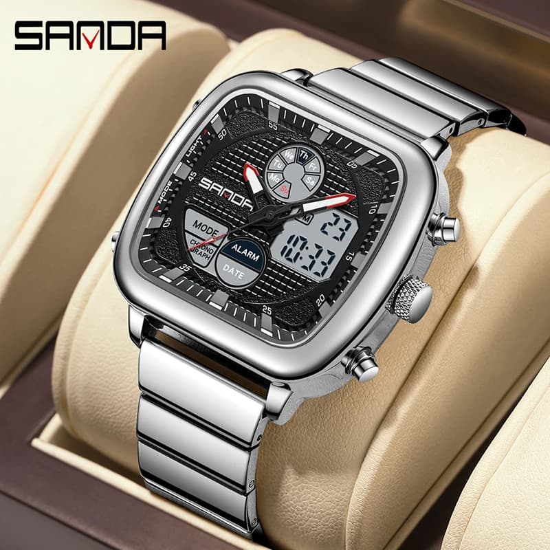 SANDA Orologio elettronico al quarzo da uomo alla moda Doppio movimento Orologio da polso da uomo elettronico con luce notturna a LED impermeabile multifunzionale