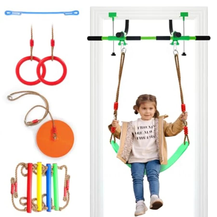 Supporto per barra per trazioni da interno per bambini e adulti, telaio in acciaio verde, adatto per porte con larghezza 24,41-30,51'' e spessore 3,94-6,69''.