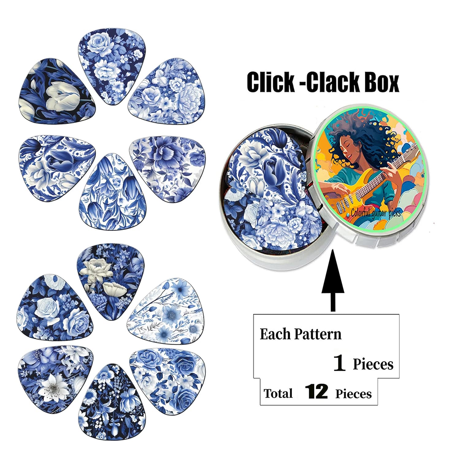 12PCS ABS Guitar Picks with Metal Box - Unique Colorful Printed Plectrums for Electric/Bass, Durable Guitar Accessories Gift Set