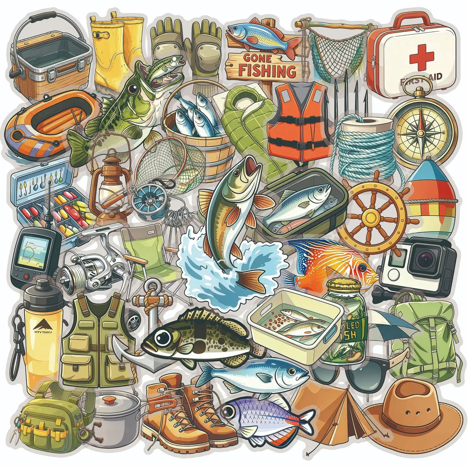 50 Pcs Cartoon Fishing Graffiti Stickers PET Waterproof Decals for Tackle Box Water Cup Wall Journal Gift