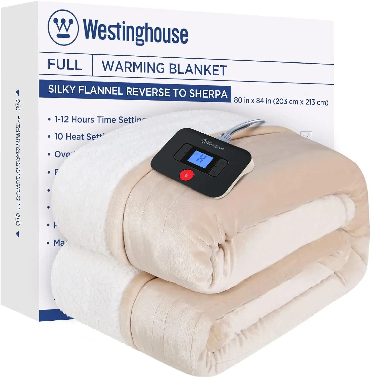 Coperta riscaldata elettrica con 10 livelli di calore, timer da 12 ore, flanella reversibile a Sherpa, lavabile in lavatrice (80" x 84", Beige)