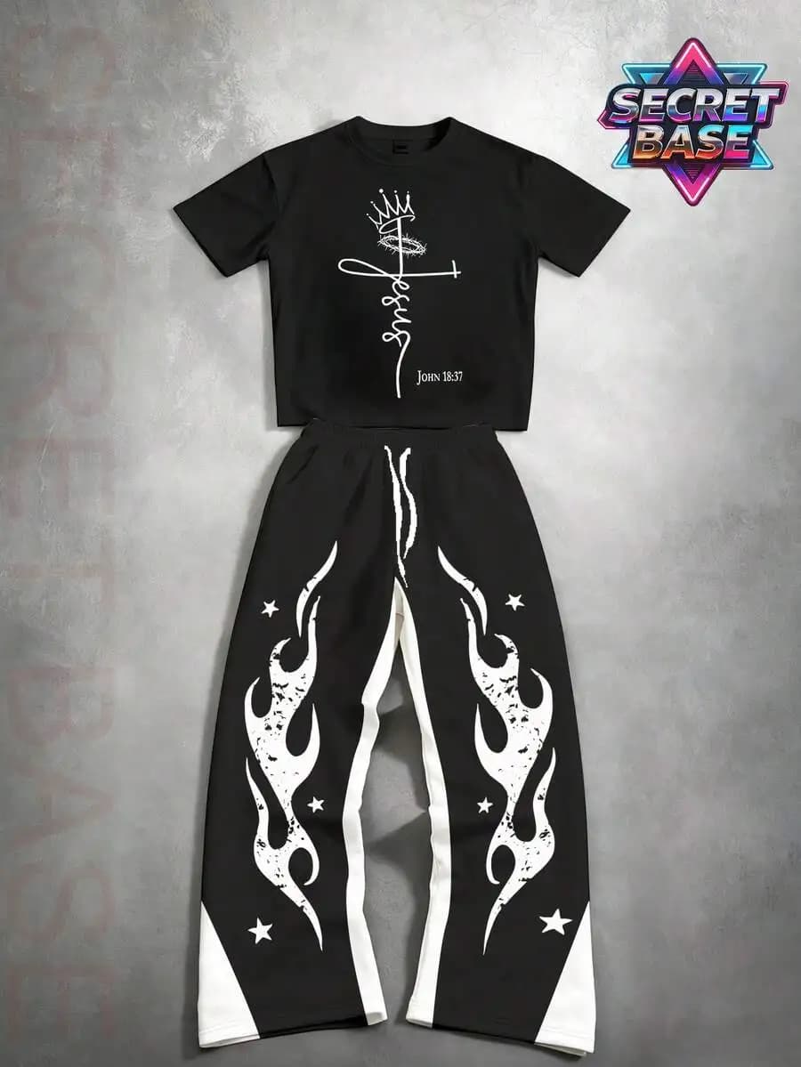 SECRET BASE Men's "Jesus" Religious Graphic 2-Piece Set - Modern Christian Streetwear T-Shirt & Pants