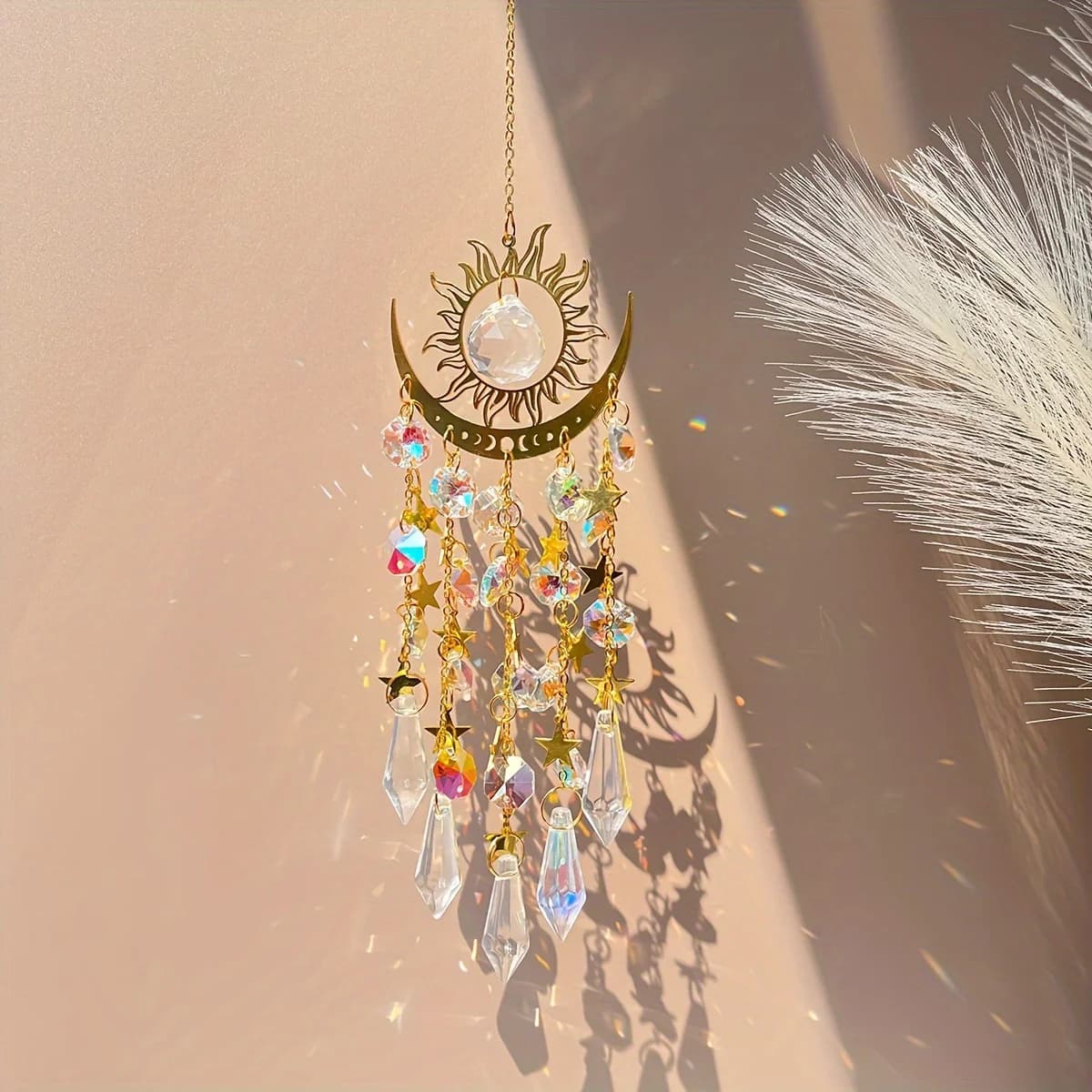 1pc Gold Flame Moon Crystal Pendant sunlight Catcher Outdoor Garden AB Colourful Hanging Decorations Hanging Ornaments