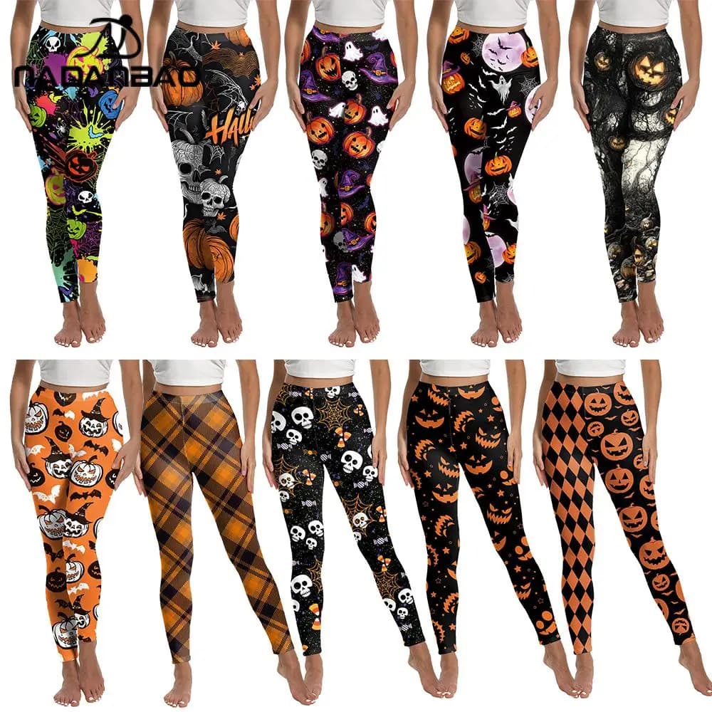 Leggings da donna Nadanbao con stampa teschio di zucca, pantaloni divertenti per feste di Halloween, pantaloni estivi sexy a vita media, pantaloni casual per allenamento